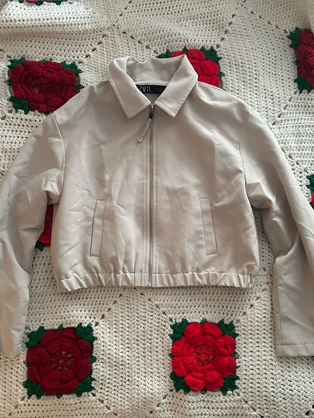 Zara Cream Zip-Front Bomber Jacket